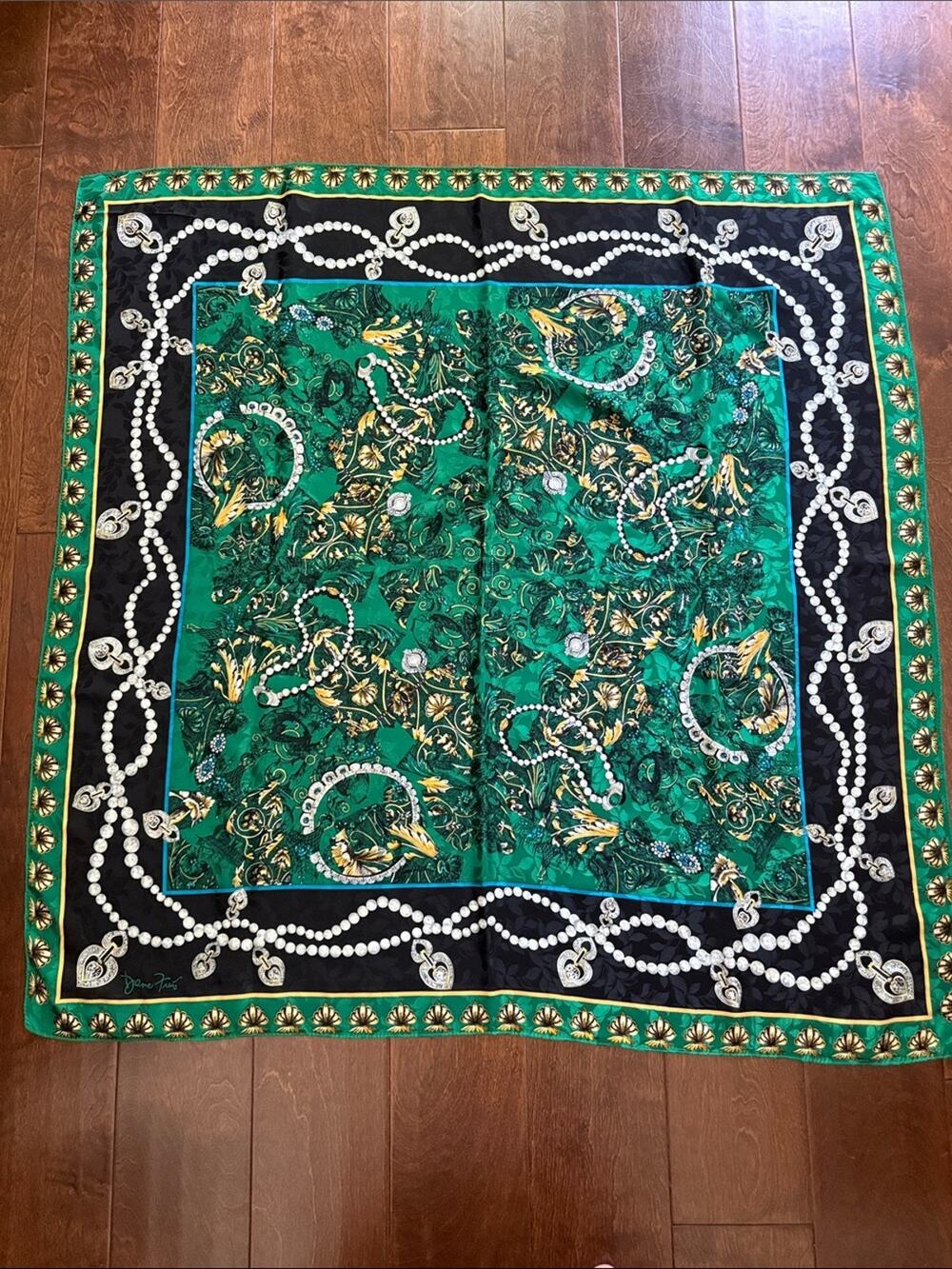 Vintage Diane Freis Original Signed Emerald Green Pearl Jewel Baroque Chic Scarf